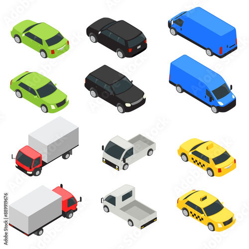 CarTruck Van Pickup Taxi Isometric Vector Illustration