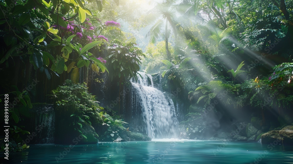 A waterfall is flowing into a pool of water in a lush jungle A waterfall is flowing into a pool of water in a lush jungle