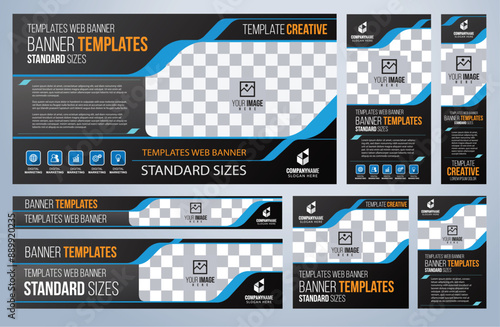 Set of Blue social media, Web banners templates, Coverpage Standard sizes with space. Vector illustration