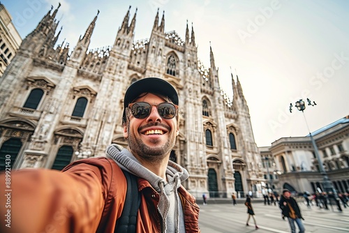 Happy tourist taking selfie in front of Duomo cathedral in Milan, Italy - Holidays and traveling lifestyle concept, Generative AI