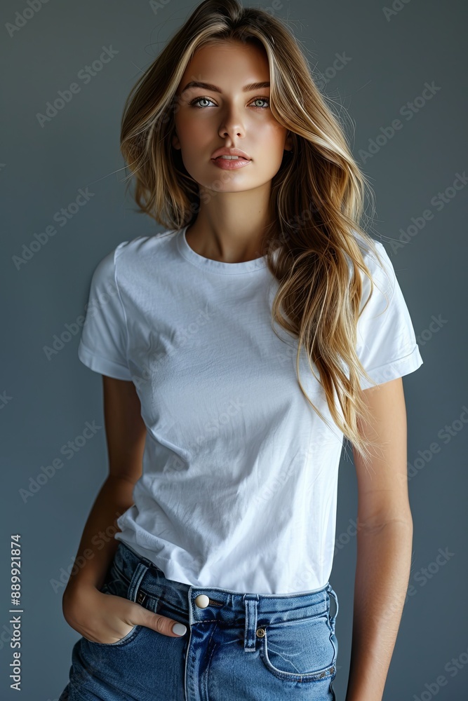 White tshirt mockup on woman model created with Generative AI White tshirt mockup on woman model created with Generative AI