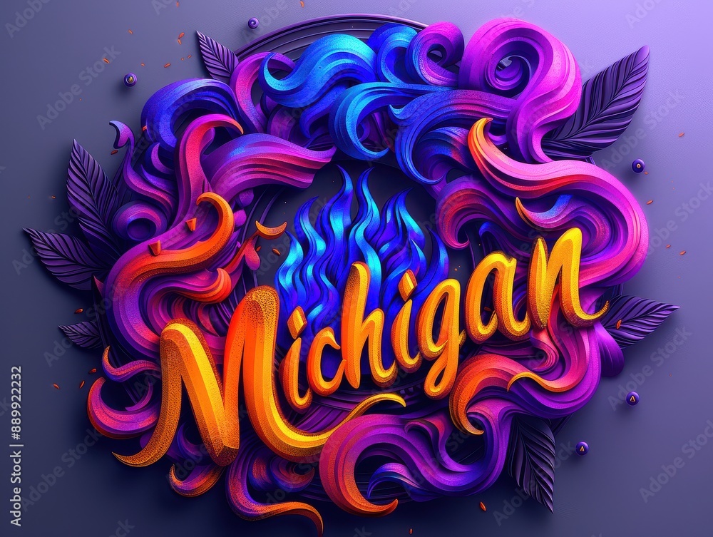 Vibrant Artistic Representation of Michigan With Colorful Swirls and Flames in a Modern Digital Art Style Vibrant Artistic Representation of Michigan With Colorful Swirls and Flames in a Modern Digital Art Style