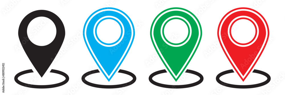 Set of map pin location icons. Modern map markers .Vector illustration on a white background. Red, blue, green, black location icon. Set of map pin location icons. Modern map markers .Vector illustration on a white background. Red, blue, green, black location icon.