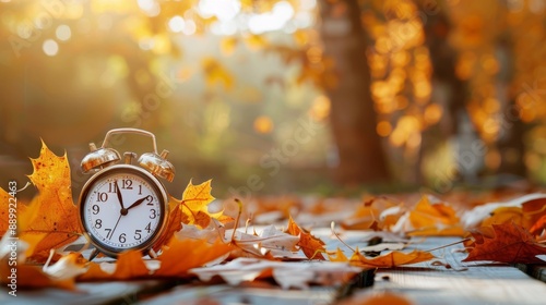 Daylight Saving Time. Alarm clock and orange color leaves on wooden table. Autumn time. Fall time change. Autumn leaves fall and winter approaches, the concept of daylight saving time.  photo