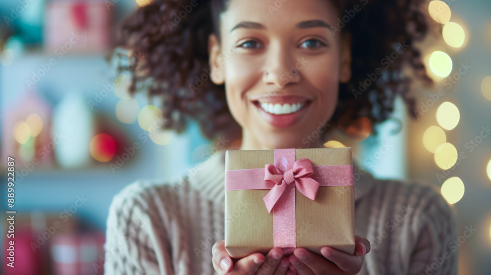 Happy Woman Holding Gift Box with Pink Ribbon Happy Woman Holding Gift Box with Pink Ribbon