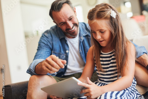 Fotografie Girl, father and tablet for support, helping and online educational games, e learning or teaching at home