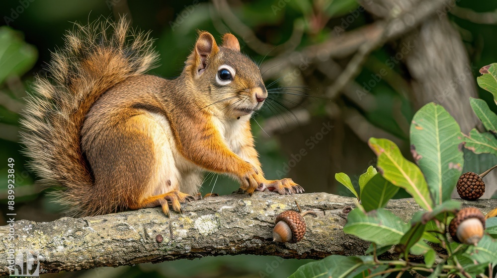 Close-Up Photography of a Red Squirrel Resting on a Tree Branch with Acorns in a Lush Green Natural Forest Setting Close-Up Photography of a Red Squirrel Resting on a Tree Branch with Acorns in a Lush Green Natural Forest Setting