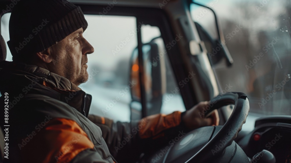 Truck driver checking digital logbook with warm cabin lighting, with copy space Truck driver checking digital logbook with warm cabin lighting, with copy space