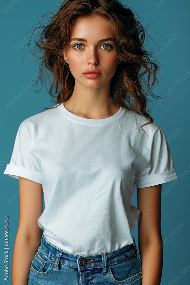 White tshirt mockup on woman model created with Generative AI White tshirt mockup on woman model created with Generative AI