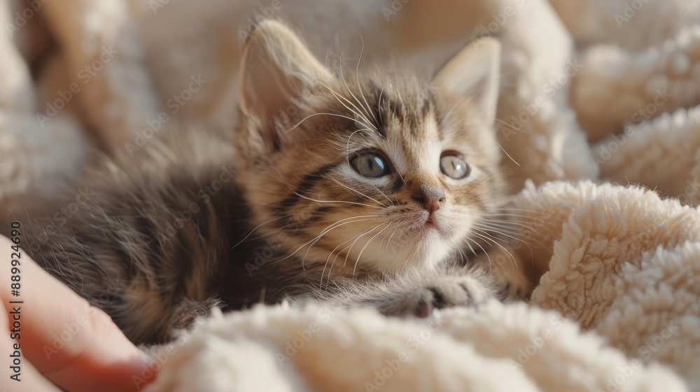 Fototapeta premium Tender Beginnings: Closeup of a Fluffy Kitten with Eyes Just Opening, Nestled on a Soft Blanket