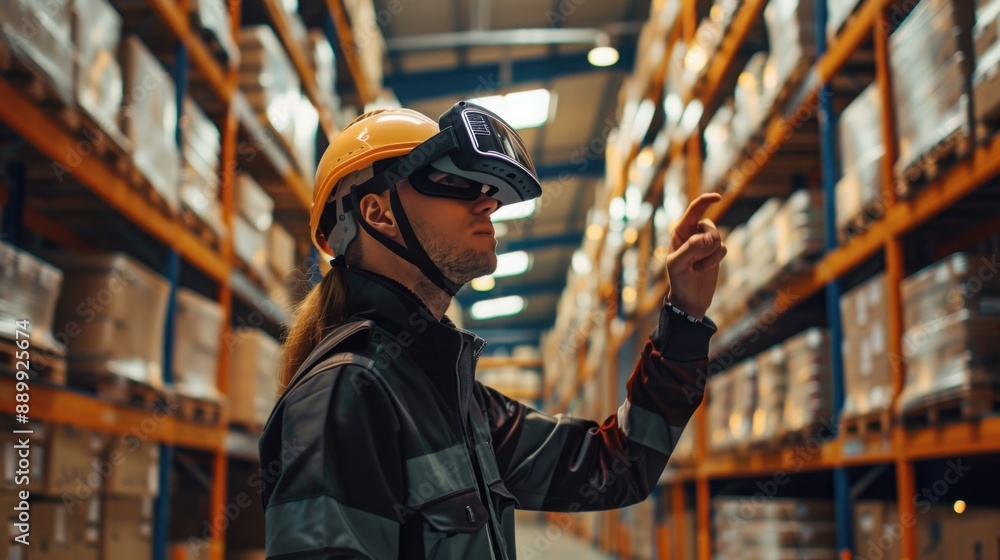 Warehouse worker using augmented reality glasses, with copy space Warehouse worker using augmented reality glasses, with copy space