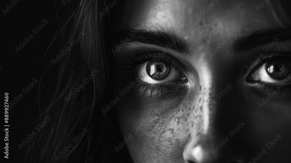 Wide-eyed person in dark, low-key noir style, with copy space Wide-eyed person in dark, low-key noir style, with copy space