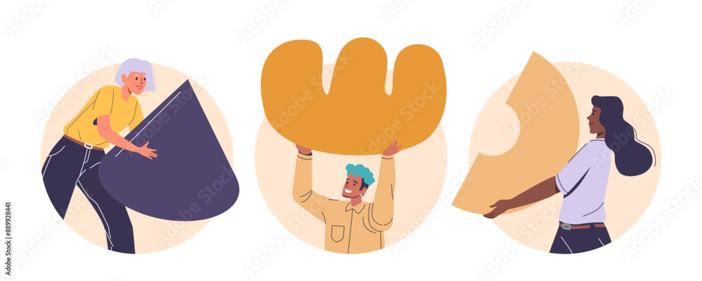 Diverse Team Working Together While Holding Large Geometric Shapes. Concept Of Creativity, Teamwork, And Collaboration Diverse Team Working Together While Holding Large Geometric Shapes. Concept Of Creativity, Teamwork, And Collaboration