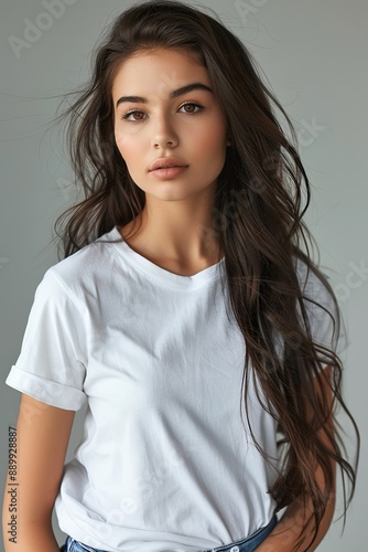 White tshirt mockup on woman model created with Generative AI