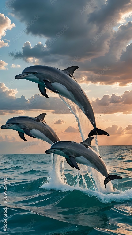 Three dolphins leap from the ocean waves against a bright sky. Three dolphins leap from the ocean waves against a bright sky.