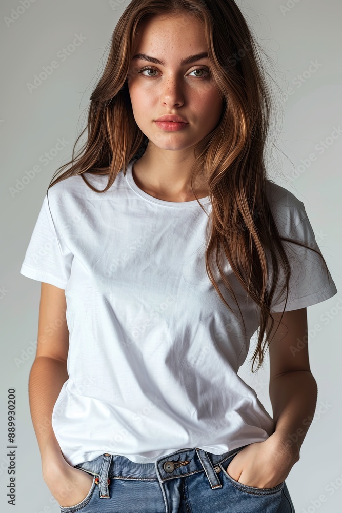Fototapeta premium White tshirt mockup on woman model created with Generative AI