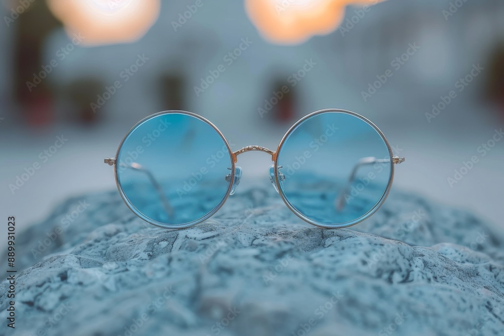 Pair of sunglasses resting on a sandy beach with blurred background in a stylish photograph Pair of sunglasses resting on a sandy beach with blurred background in a stylish photograph