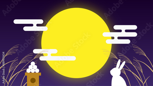 中秋の名月-うさぎとお団子と満月とススキのイラスト