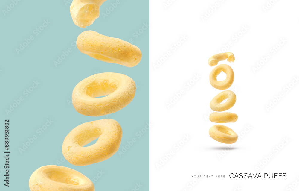 Creative layout made of cassava puffs on the white and blue background. Food concept. Macro concept. Creative layout made of cassava puffs on the white and blue background. Food concept. Macro concept.