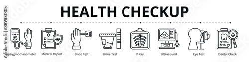 Health Checkup Line Banner Web Icon Set Vector Illustration, Sphygmomanometer Medical Report Blood Test Urine X Ray Ultrasound Eye Dental