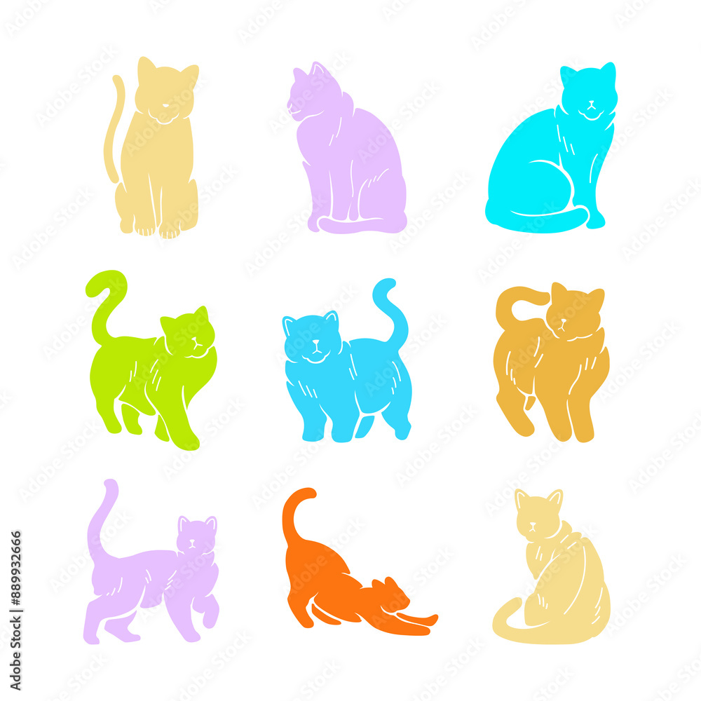 Fototapeta premium Cute Cats with Different Poses Expressions and Emotions Silhouette Vector Illustration