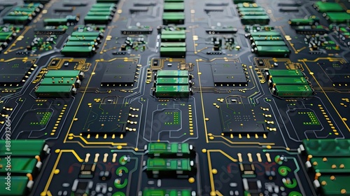 Minimalist Technology Concept: Rows of Green and Gold Circuit Boards with Small Black Chips 