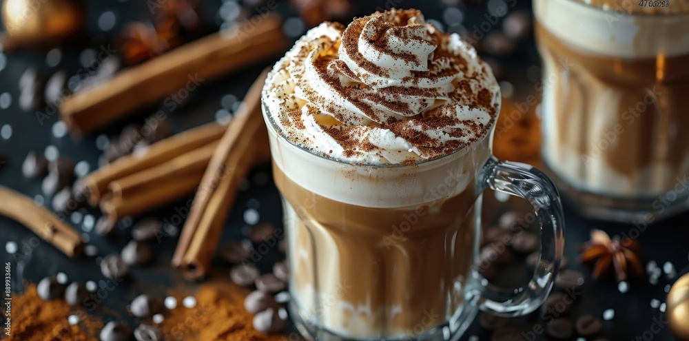 Coffee Latte with Whipped Cream and Cinnamon Powder, Surrounded by Chocolate Chips on Dark Background, Food Photography, High Resolution, Cinematic Lighting, Close-Up, Depth of Field, Copy Space Banne Coffee Latte with Whipped Cream and Cinnamon Powder, Surrounded by Chocolate Chips on Dark Background, Food Photography, High Resolution, Cinematic Lighting, Close-Up, Depth of Field, Copy Space Banne