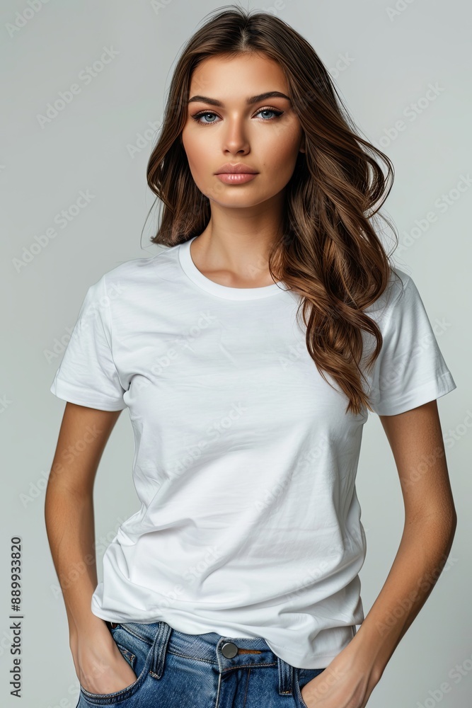 White tshirt mockup on woman model created with Generative AI White tshirt mockup on woman model created with Generative AI