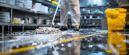 Wallpaper Mural Blurred Mopping in a Commercial Kitchen - Worker Cleaning Restaurant Floor Torontodigital.ca