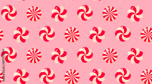 Christmas candy seamless pattern. Peppermint candies background. Holiday traditional backdrop. Perfect for fabrics, kids clothing and fashion print.