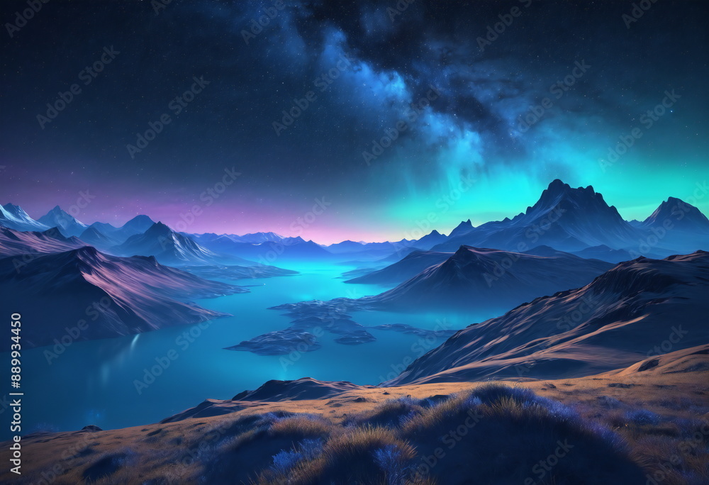 A magical night scene featuring the enchanting northern lights in blue and purple hues, illuminating the sky above a mountainous landscape. The serene lake below mirrors the glowing aurora and sky A magical night scene featuring the enchanting northern lights in blue and purple hues, illuminating the sky above a mountainous landscape. The serene lake below mirrors the glowing aurora and sky