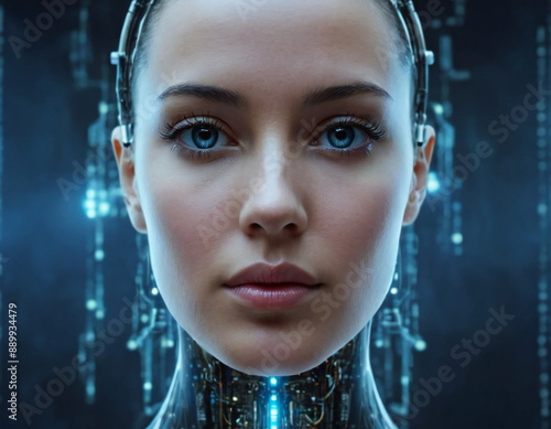 Illustration depicts AI and cybersecurity in yellow monochrome with a glowing technological eye of a female robot featuring micro-details. The design is presented in raster format