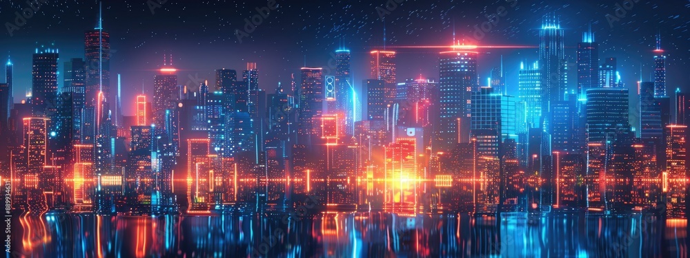 Fototapeta premium Futuristic Neon Skyline at Night with Reflections on Water - Vibrant Cyberpunk Cityscape