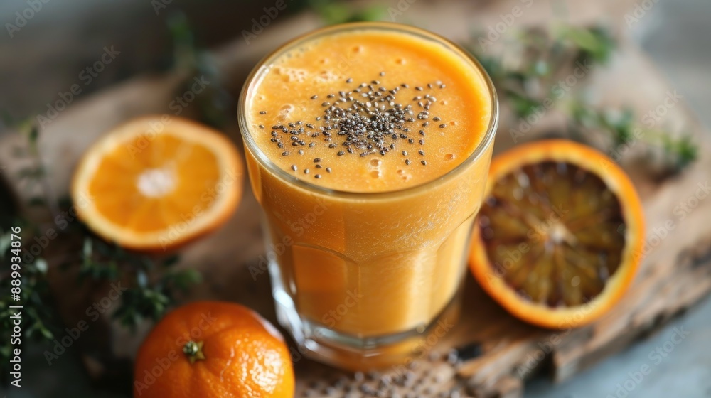 Fresh Orange Smoothie with Chia Seeds and Sliced Oranges on Wooden Board Fresh Orange Smoothie with Chia Seeds and Sliced Oranges on Wooden Board