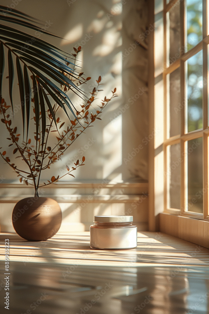 A Jar of Cream Sits on a Wooden Table in a Sunlit Room A Jar of Cream Sits on a Wooden Table in a Sunlit Room