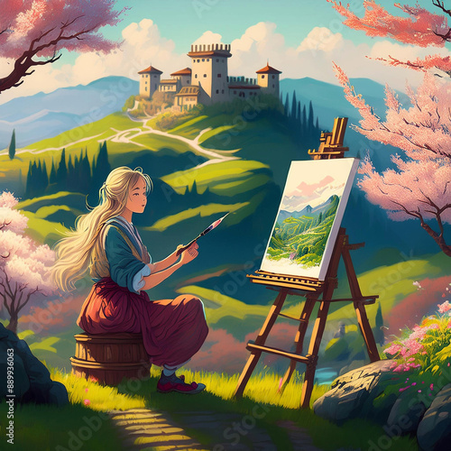 a beautiful woman who paints an Italian castle. photo