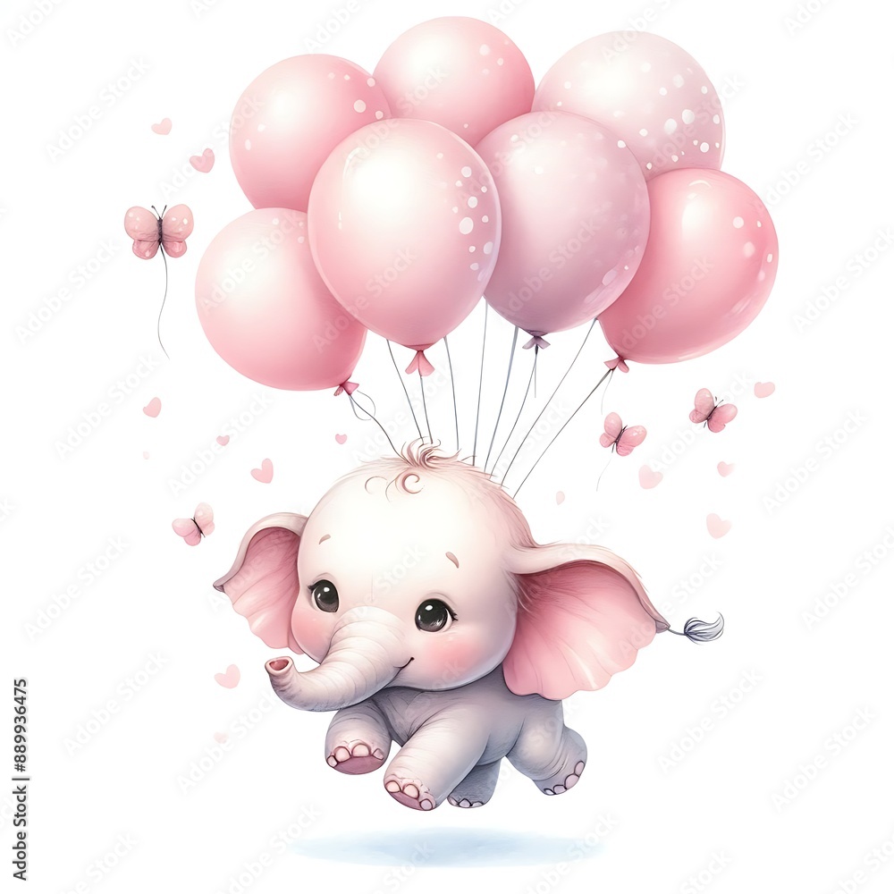 watercolor Light blue cute little elephant floating in the air with balloons on white background watercolor Light blue cute little elephant floating in the air with balloons on white background
