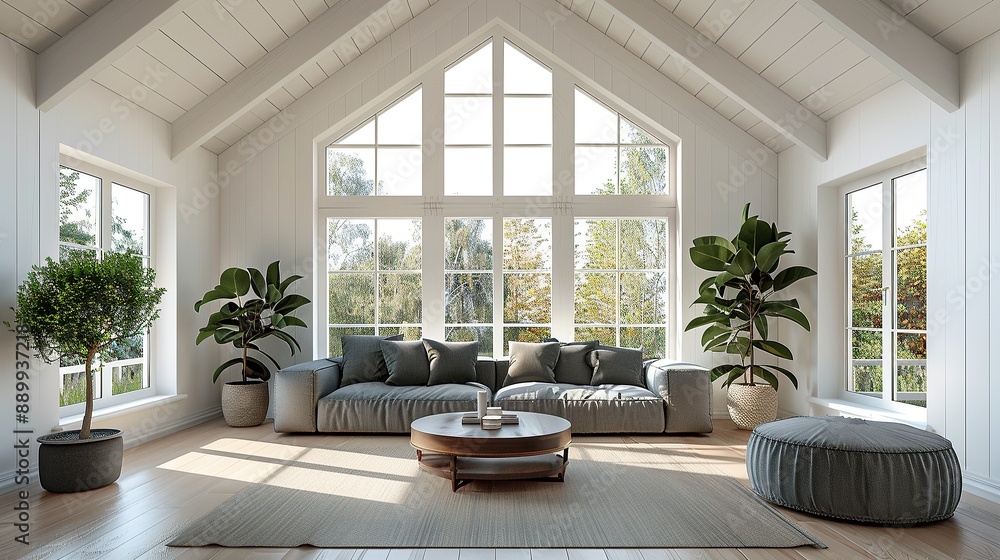 Fototapeta premium Modern living room with large windows, a gray sofa, a coffee table, and plants. The room is filled with natural light.