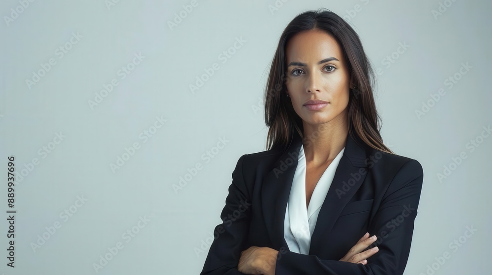 confident brazilian businesswoman in smart attire posing against clean white backdrop professional studio lighting highlights her determined expression and polished appearance confident brazilian businesswoman in smart attire posing against clean white backdrop professional studio lighting highlights her determined expression and polished appearance