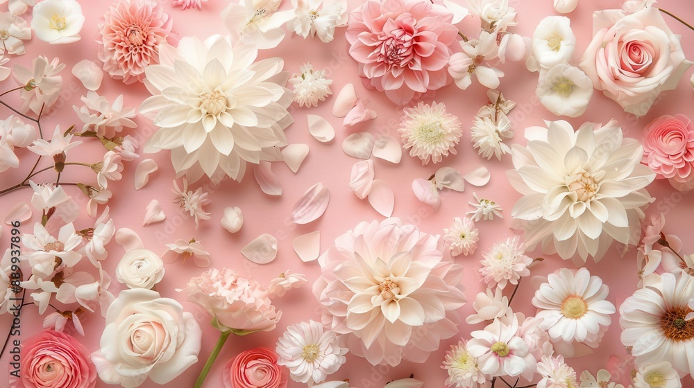 delicate floral arrangement featuring white and pink blooms artfully scattered on soft pink background overhead view showcases intricate petal details and pastel harmony delicate floral arrangement featuring white and pink blooms artfully scattered on soft pink background overhead view showcases intricate petal details and pastel harmony