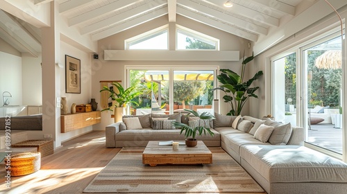 Modern living room with large windows, hardwood floors, and a sectional sofa. Natural light floods the space.