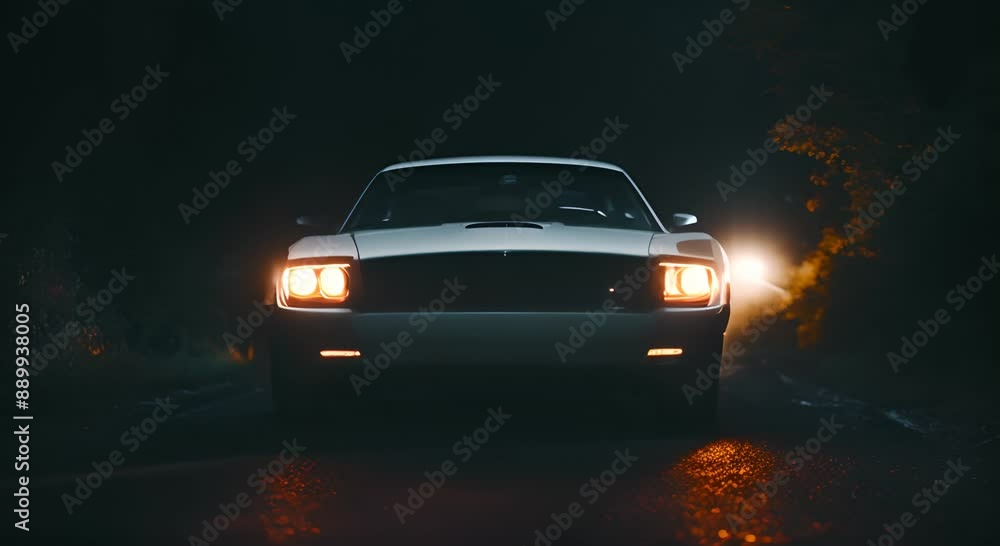 Cinematic shot of a white car driving on the road at night. Cinematic shot of a white car driving on the road at night.
