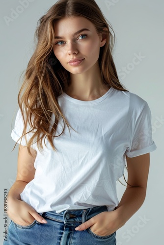 White tshirt mockup on woman model created with Generative AI