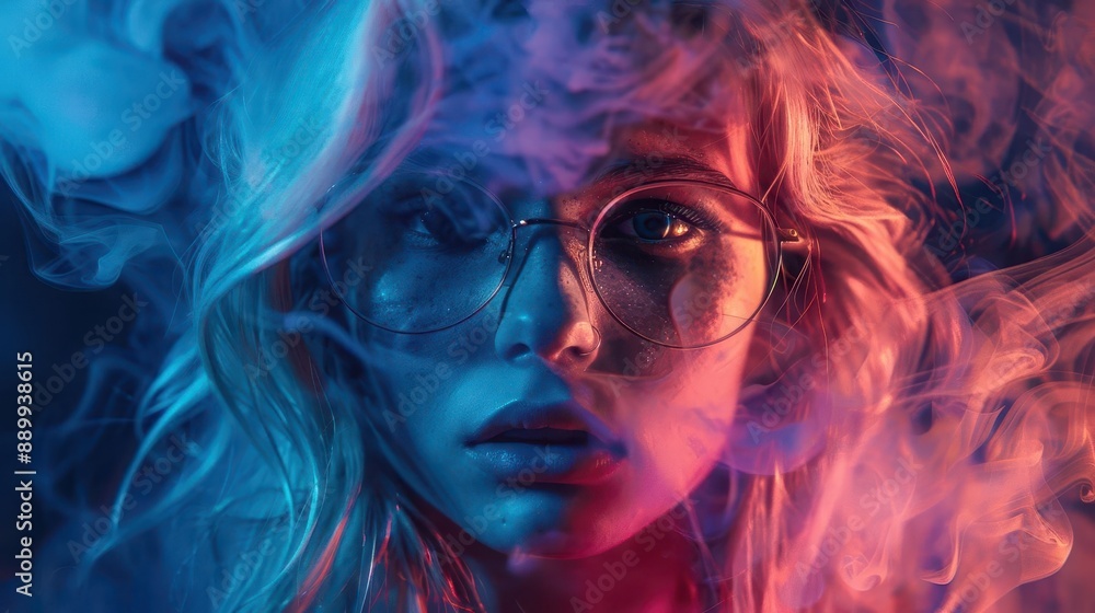 Fototapeta premium ethereal neon portrait blonde model in glasses enveloped by swirling smoke tendrils bathed in vibrant neon hues mysterious ambiance cinematic lighting sharp contrasts