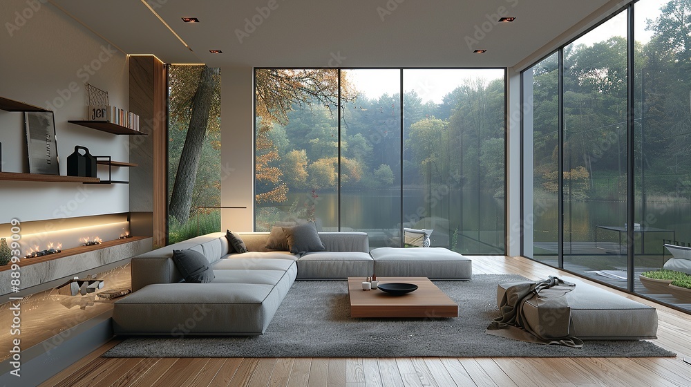 Modern living room with large windows overlooking a tranquil forest and lake. The room is furnished with a comfortable sectional sofa and a coffee table. Modern living room with large windows overlooking a tranquil forest and lake. The room is furnished with a comfortable sectional sofa and a coffee table.