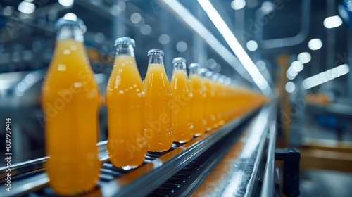 Orange juice bottles on a conveyor belt in a modern factory. Production and logistics concept