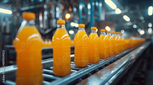 Orange juice bottles on a conveyor belt in a modern factory. Production and logistics concept
