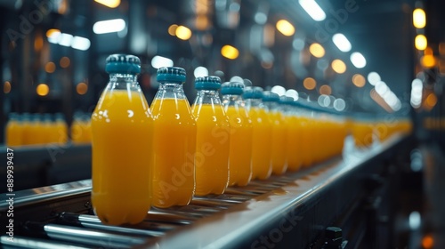 Orange juice bottles on a conveyor belt in a modern factory. Production and logistics concept