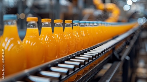 Orange juice bottles on a conveyor belt in a modern factory. Production and logistics concept
