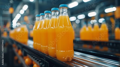 Orange juice bottles on a conveyor belt in a modern factory. Production and logistics concept